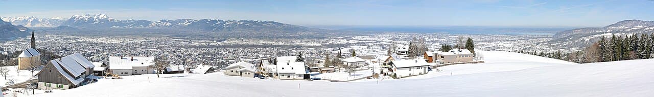 Panorama of the Swiss Alps above a green valley